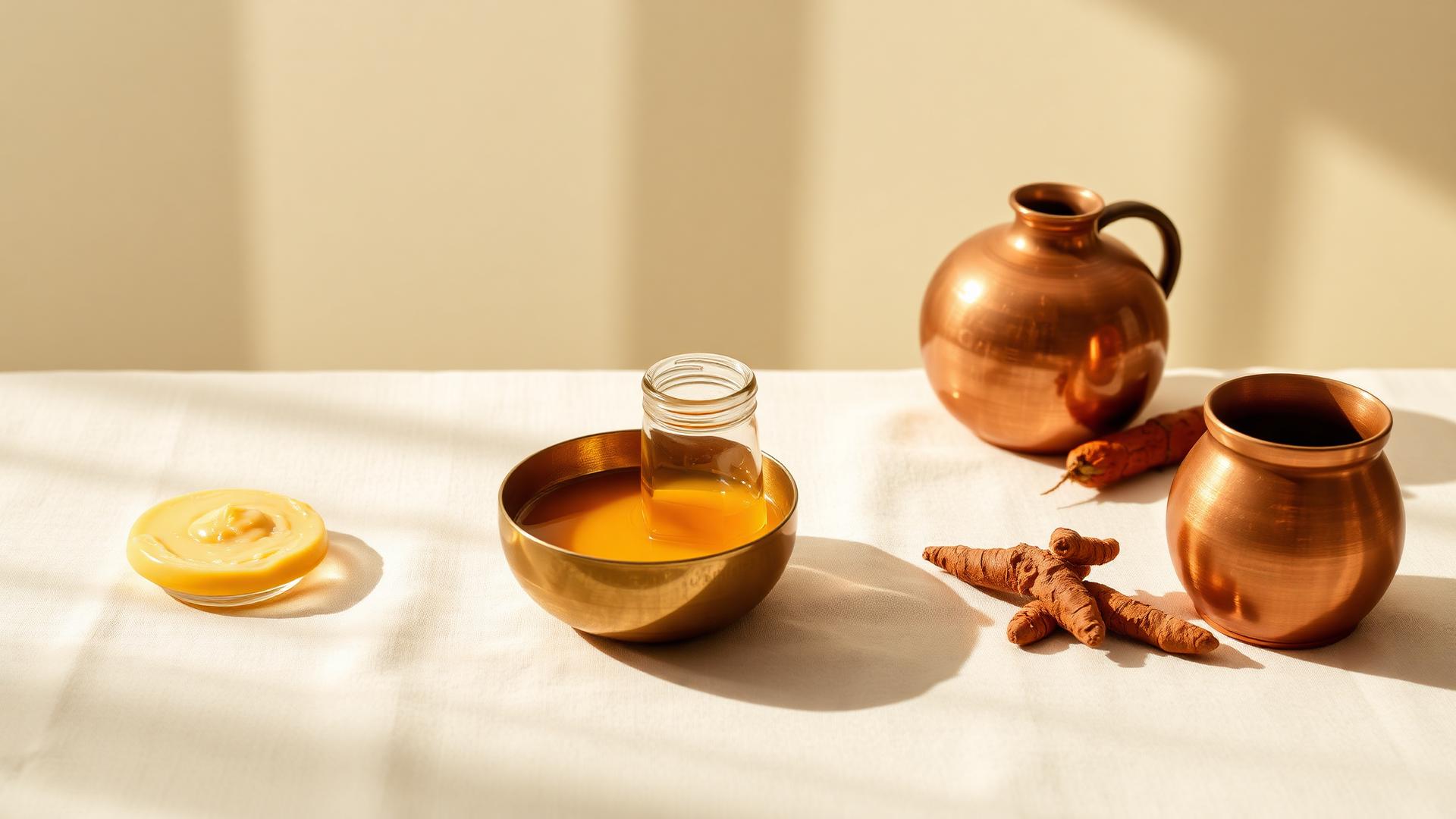 Golden A2 ghee, raw honey and turmeric on cream linen with copper vessels
